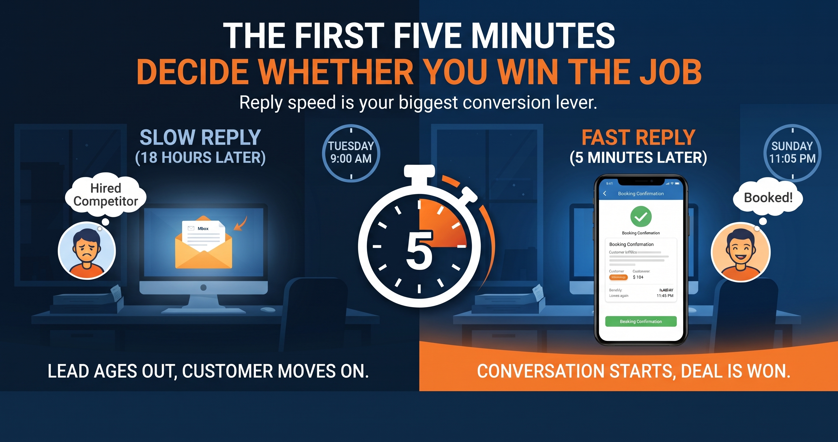 Slow reply versus a five-minute reply: the first five minutes decide whether you win the job.
