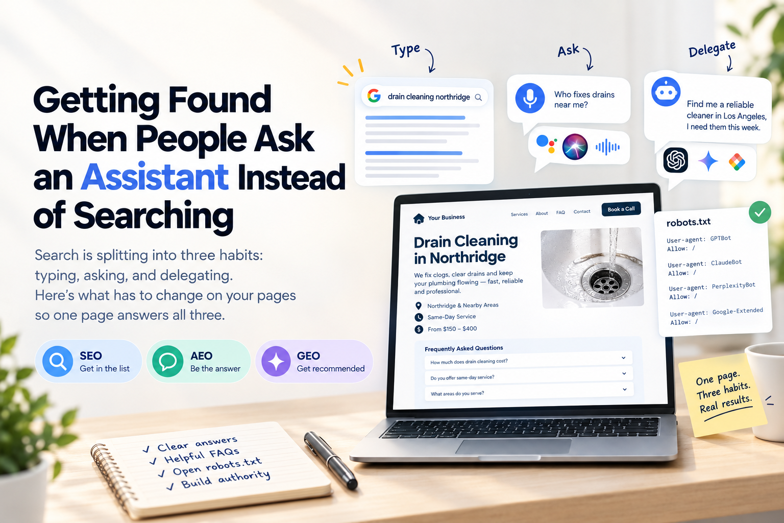 SEO, AEO, and GEO converge on one page: typing, asking, and delegating to an assistant.