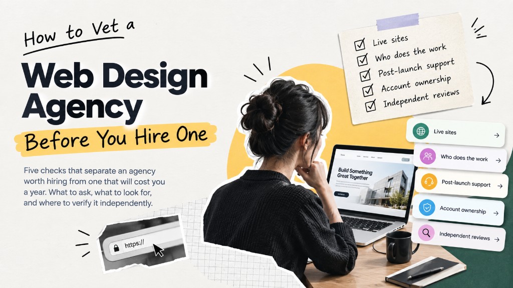 How to vet a web design agency before you hire one: five checks for live sites, who does the work, post-launch support, account ownership, and independent reviews.