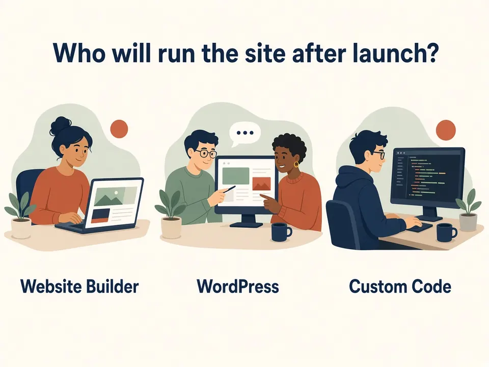 Who will run the site after launch? Website Builder, WordPress, and Custom Code illustrated as three day-to-day editing setups.