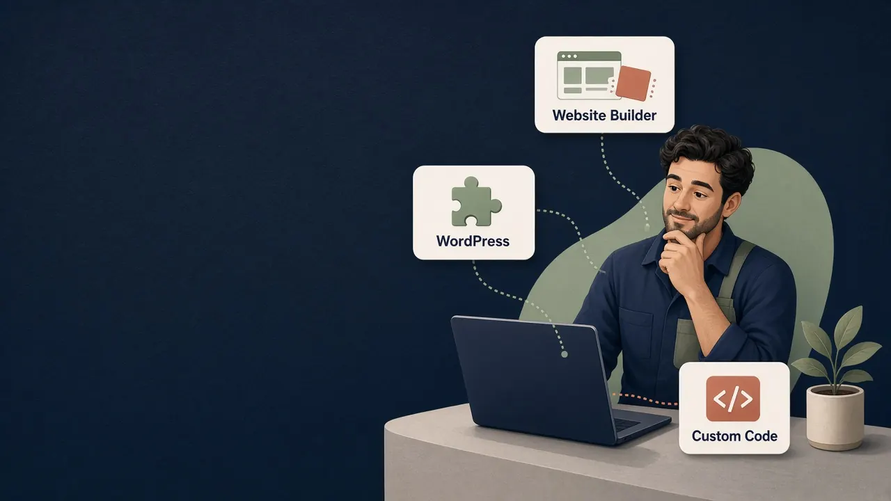Three website platform options — builder, WordPress and custom code — leading to one question: who runs the site after launch.